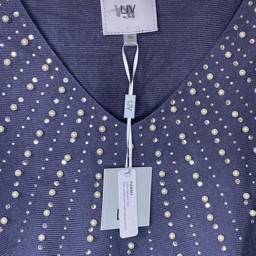 NWT Liv Milano V-neck Sweater Embellished with Rhinestones & Pearls Size XL - Picture 7 of 10